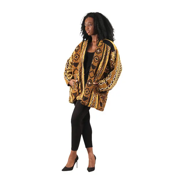 Mid-Length Mud Cloth Coat - No Collar African Fashionable Coat for Women Coffee