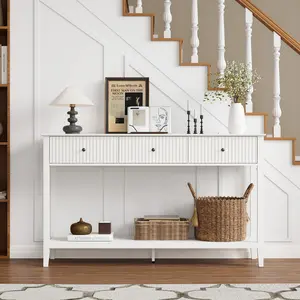 RoyalCraft L Fluted Console Table with 3 Drawers, Modern White Entryway Table with Storage Shelf, Narrow Long Sofa Table, Foyer Table behind Couches for Living Room, Entryway, Hallway
