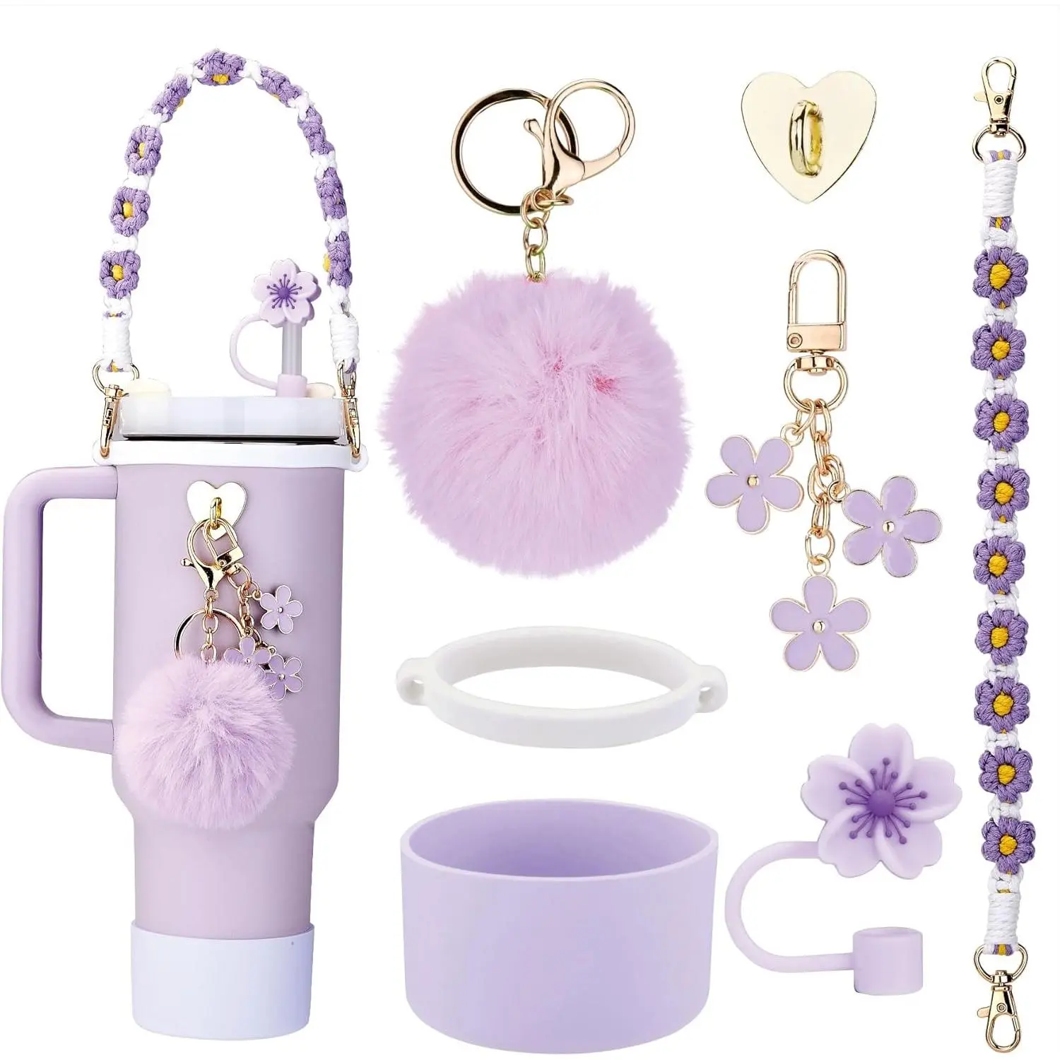 Sturdy Handmade 7-Count Drinkware Accessories Set for 30/40 oz Tumblers - Practical, Protective, Decorative Kit with Carrier Handle Strap, Silicone Straw Topper, Straw Holder, Cup Boot, Plush Ball, Key Chain, Heart Sticker, Purple (for Shopping Use), Hand