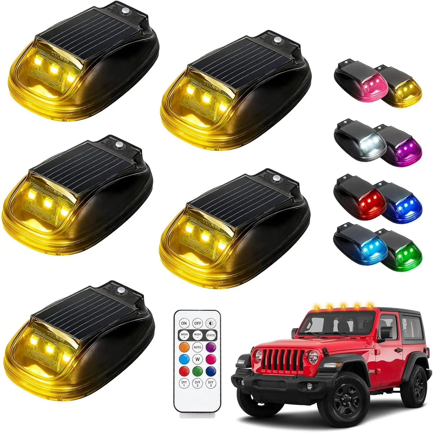 Solar Cab Lights for Truck RGB Lamp Wireless Strobe Roof Lights No Drill Waterproof LED Clearance Marker Lights for Car SUV Pickup Motorcycle Remote Control and Vibration Sensor  (5 PCS) starlight car roof