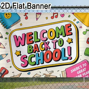 2D flat banner, 1pcColorful Welcome Back to School Sign Banner, Vibrant School Supplies Decor for Back to School Party, Cheerful Cartoon-Style Backdrop with Notebook, Pencils, Confetti