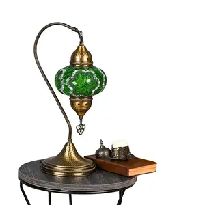 Turkish Moroccan Tiffany Style Handmade Colorful Mosaic Table Desk Bedside Night Swan Neck Lamp Light Lampshade with Metal Body and Hanging Metal Decorative Dangle, Esmeralda, 19"