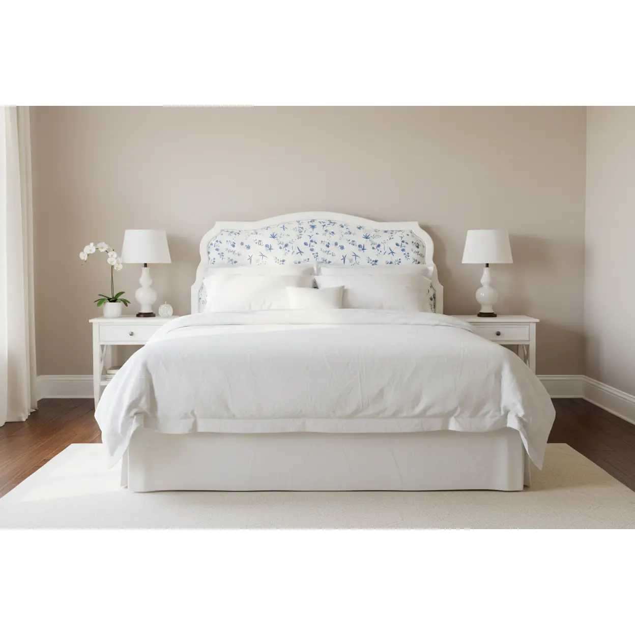 White Painted Queen Custom Bennison Fabric Headboard in Bennison Fabrics Chinese Paper II Fabric