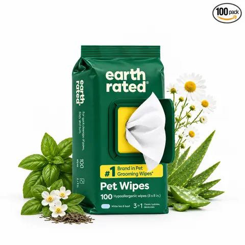 Earth Rated | 3-in-1 Pet Grooming Wipes for Dogs & Cats, White Tea & Basil Scent, 100 Count, Cleans Deodorizes & Hydrates, Hypoallergenic & Alcohol-Free