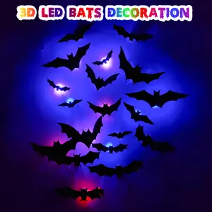 3D Bat Design LED Decoration, 12pcs/set Bat Shaped Wall Sticker, LED Lighted, Decorative Light for Home Party Festival, Halloween Decoration, Home Decor