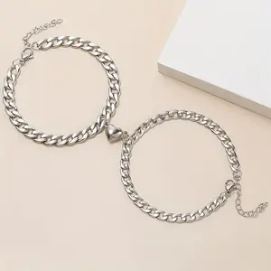 Magnetic Heart Matching Bracelet Set for Couples, Silver Tone Cuban Link Wristbands with Attracting Charm, Adjustable Stackable Jewelry for Him and Her