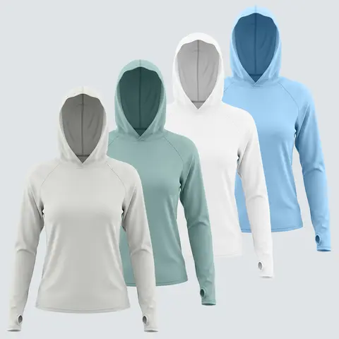 Veldtholos Women's 4-Piece Sun-Protect Hood Sports Hoodies - Long Sleeve, Drop Shoulder, Plain, Quick Dry, Moisture Wicking, UV-Protective Pull-On Tops for Everyday Active, Casual Outings, Biking