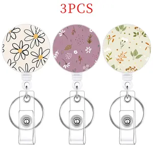 3-Piece Floral ID Badge Clips, Nurse Badge Reel, Extensible Roll-Up Design, Fun Employee Name Tag Holder, Backpack Keychain Attachment, Nurse Teacher Accessories