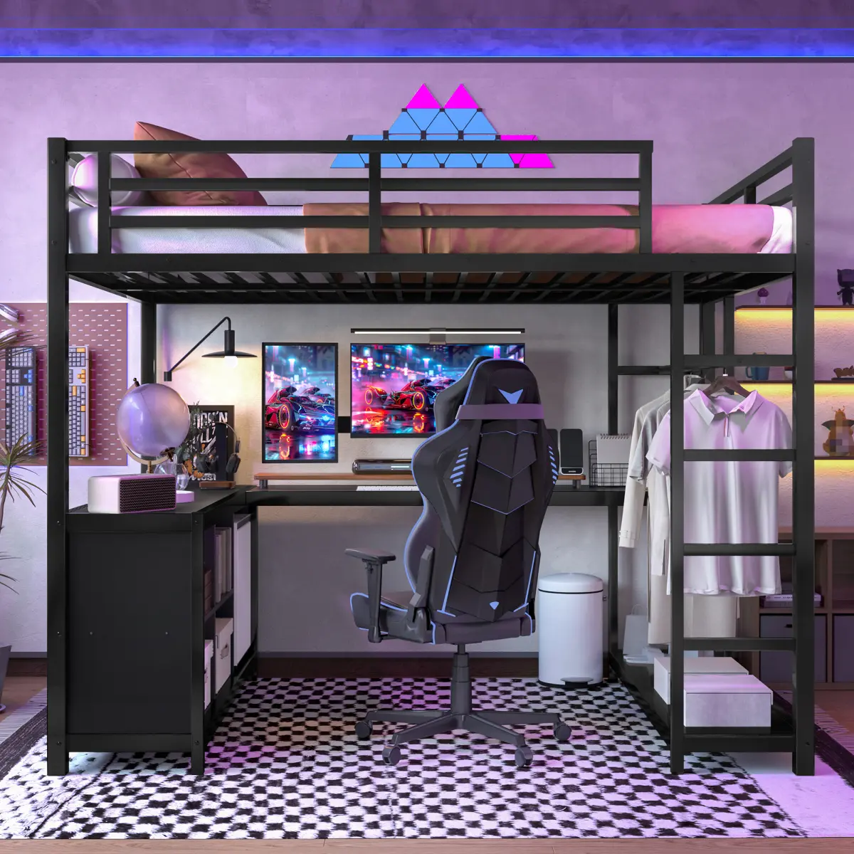 Full Size Loft Bed with Desk & Wardrobe, Heavy Duty Metal Loft Bed with Storage Shelves & Open Wardrobe, Gaming Bed Frame with L-Shaped Desk Underneath, Noise Free, Black