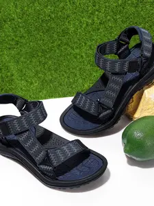 Navy Geometric Sport Sandals, Adjustable Hook & Loop, Non-Slip Cushioned Sole, Summer Outdoor Sandals, Ideal for Hiking, Beach, and Vacation