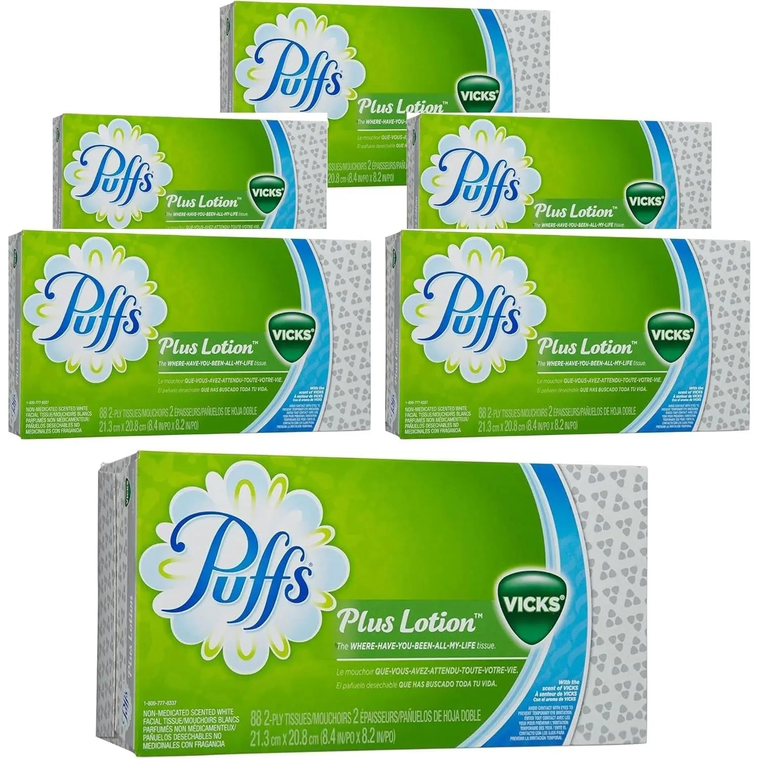 Puffs Plus Vicks Lotion 2-Ply Facial Tissues, (Pack of 6 Box), Vicks Ultra Soft Tissues (88 Tissues per Box) With Laiby Sticker