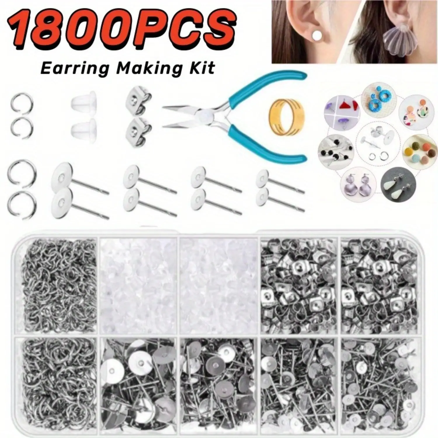 [Hand Tools Kits] 1800Pcs Stainless Steel Stud Earring Set with Earring Base Studs,Earring Backs and Jump Rings for Clay,Resin,Pearls,Jewelry Making and Crafting