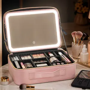 Travel Makeup Bag with LED Mirror & Lights - Cosmetic Organizer Case with Adjustable Dividers - 3 Color Lighting Modes - Waterproof Makeup Case with Brush Storage - Gift for Women
