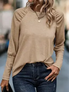 Pale Khaki Solid Ruched Raglan Sleeve Knit Top