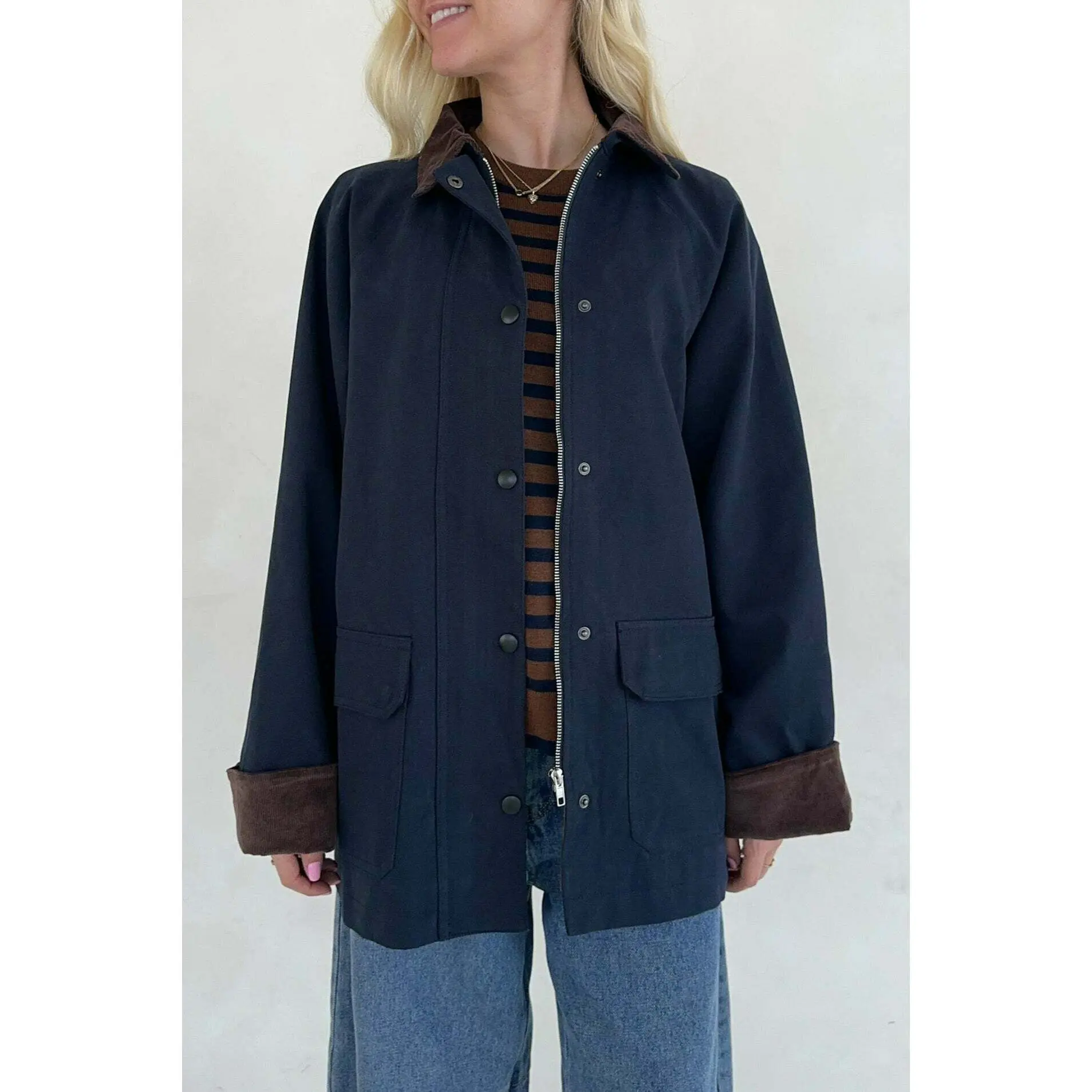 Windsor Corduroy Detail Barn Jacket in Navy Windsor Corduroy Detail Barn Jacket in Navy