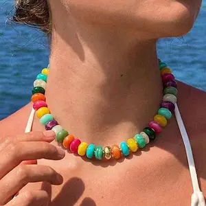 Women's Boho Beaded Choker Necklace - Colorful Resin Disc Saucer Bead Strand Collar, 18+3 in Statement Costume Jewelry for Summer Beach Vacation Gifts engagement anniversary party jewelry gift