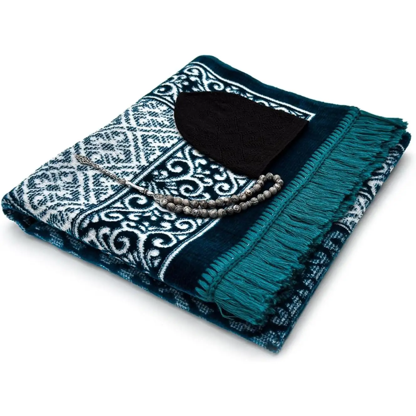 Prayer Mat All in One Set for Islam - Thick Muslim Prayer Rug, Black Kufi Hat, Jasper Stone 33 Prayer Beads, Cotton Travel Case - Islamic Gifts (Blue)