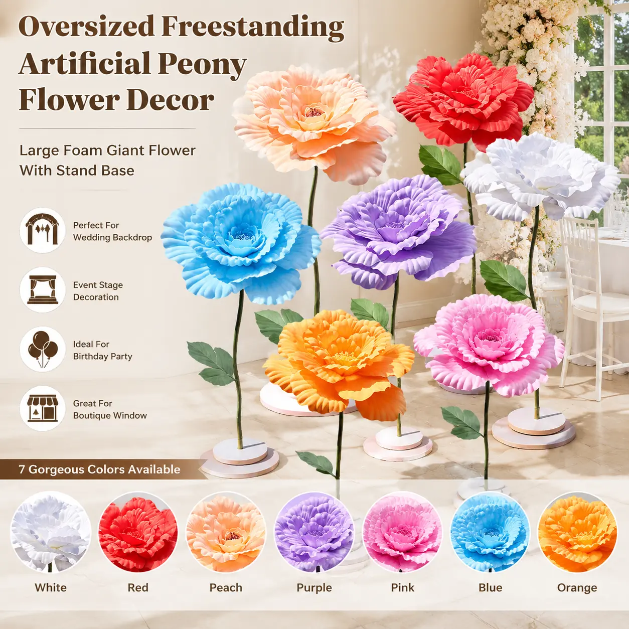 Oversized Freestanding Artificial Peony Flower Decor, Large Foam Giant Flower With Stand Base, Perfect For Wedding Backdrop, Event Stage, Birthday Party, Boutique Window