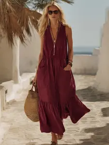 Boho Chic Bohemian Women's V-Neck Dress with Pockets, Summer Vacation Lightweight Linen Midi Dress, Elegant Plain Design, Perfect for Casual Wear