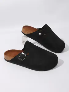 Women's Thick Sole Buckle Footbed Sandals, Spring New Arrival, Apricot Round Toe Slip-On Velour Shoes, Flat Mules Outdoor Casual Slippers, Thick Bottom Slippers, Rubber