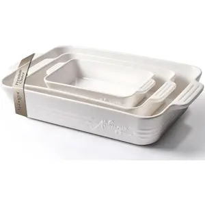 Ceramic Baking Dish Set, 3- Casserole Dishes for Oven, Rectangular Baking Pans, Deep Lasagna Pans with Handles, Multi-Size Set for Cooking, Baking, Serving, and Gifting, White (16.1''/12.2''/9'')