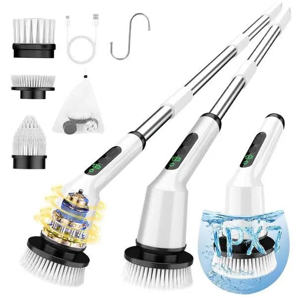 Electric Spin Scrubber for Cleaning Bathroom, Shower Scrubber Cordless Cleaning Brush with IPX7 Waterproof & 2 Speed, 3 Flat Brush Heads, Bathroom Cleaning Supplies for Shower Tub Kitchen Tile Toilet