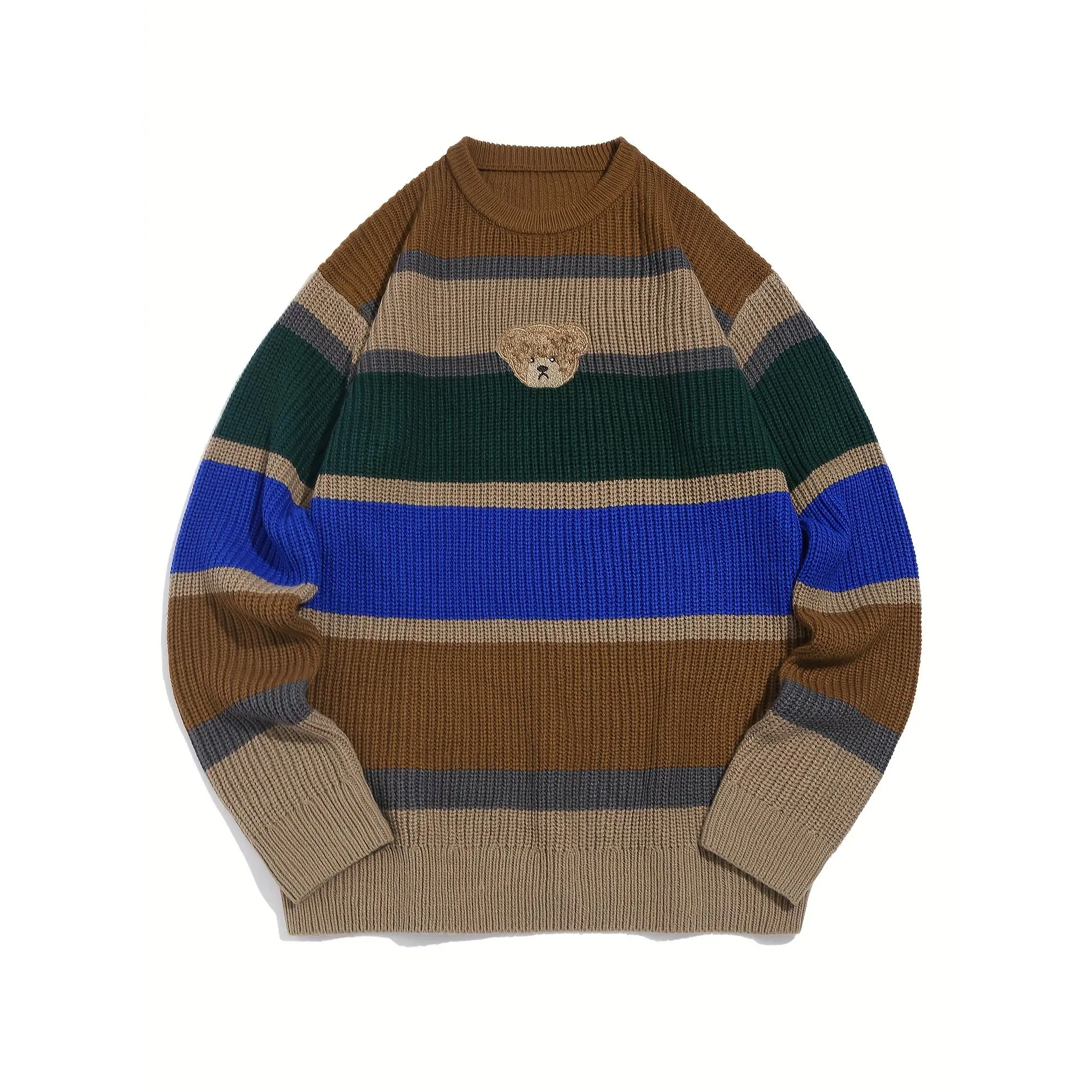 Men'S Casual Crew Neck Sweater - Viscose Knit, Color Block Striped with Bear Detail, Medium Stretch, Loose Fit, Contrast Binding - For Fall/Winter - Suitable for Men - Perfect for Casual Wear - Great Gift for Boyfriend & Dad