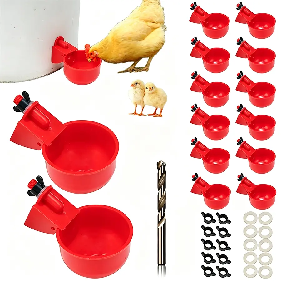 15-Piece Automatic Poultry Waterer Set – Red Plastic Chicken Watering System with High-Quality PP Auto-Shutoff Design | Durable & Easy to Install | Suitable for Chicken Farms, Ducks, and Poultry | Leak-Proof & Easy to Refill