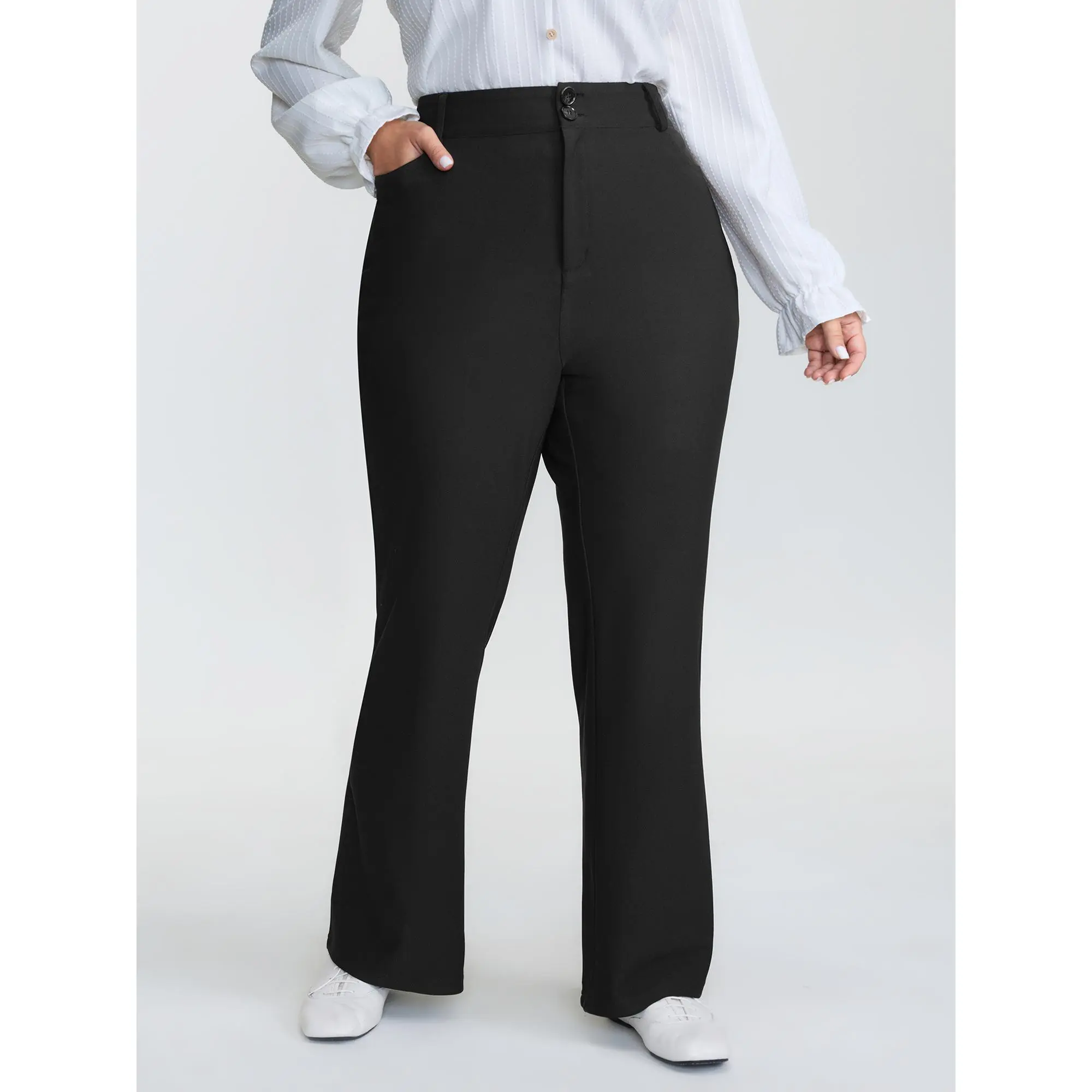 Women's Plus-Size High-Rise Stretchy Polyester Blend Bootcut Flared Pants - Summer Casual Bottoms, Super-Soft Fabric, Turn-Up Hem, Zipper, Multiple Pockets, Comfortable Fit, M-6X, Plus Size Basics, Stretchy Pants, Comfy Ootd, Casual Leisure, Bootcut Pants