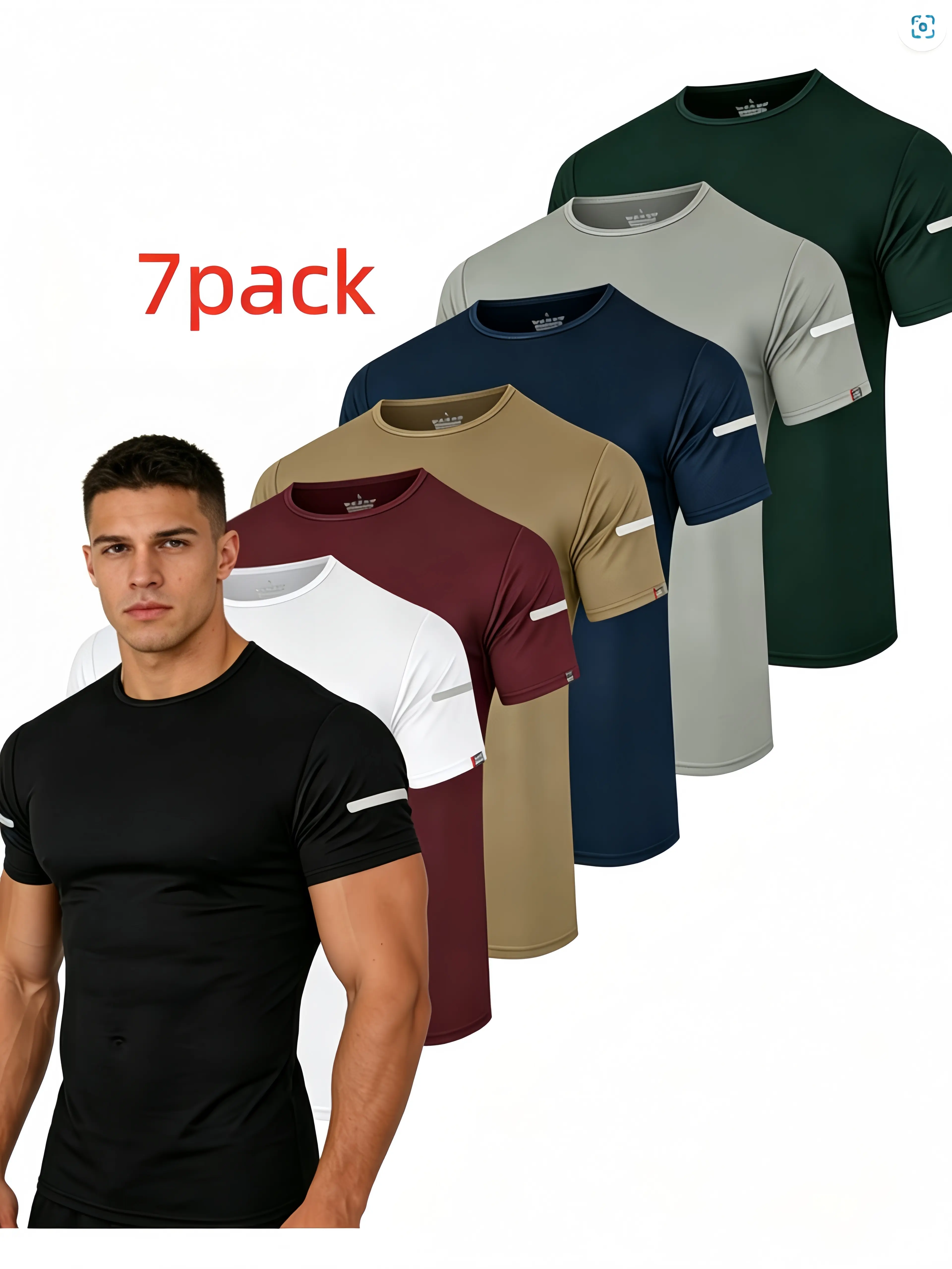 7‑Pcs Men’s Printed Reflective‑Stripe Crew‑Neck Short‑Sleeve T‑Shirts, Breathable Quick‑Dry Moisture‑Wicking Light‑Weight Summer Pullover Tops, Multi‑Purpose Athletic Wear for Gym, Running, Outdoor Training, All‑Day Casual Outfits Training Casual Wear