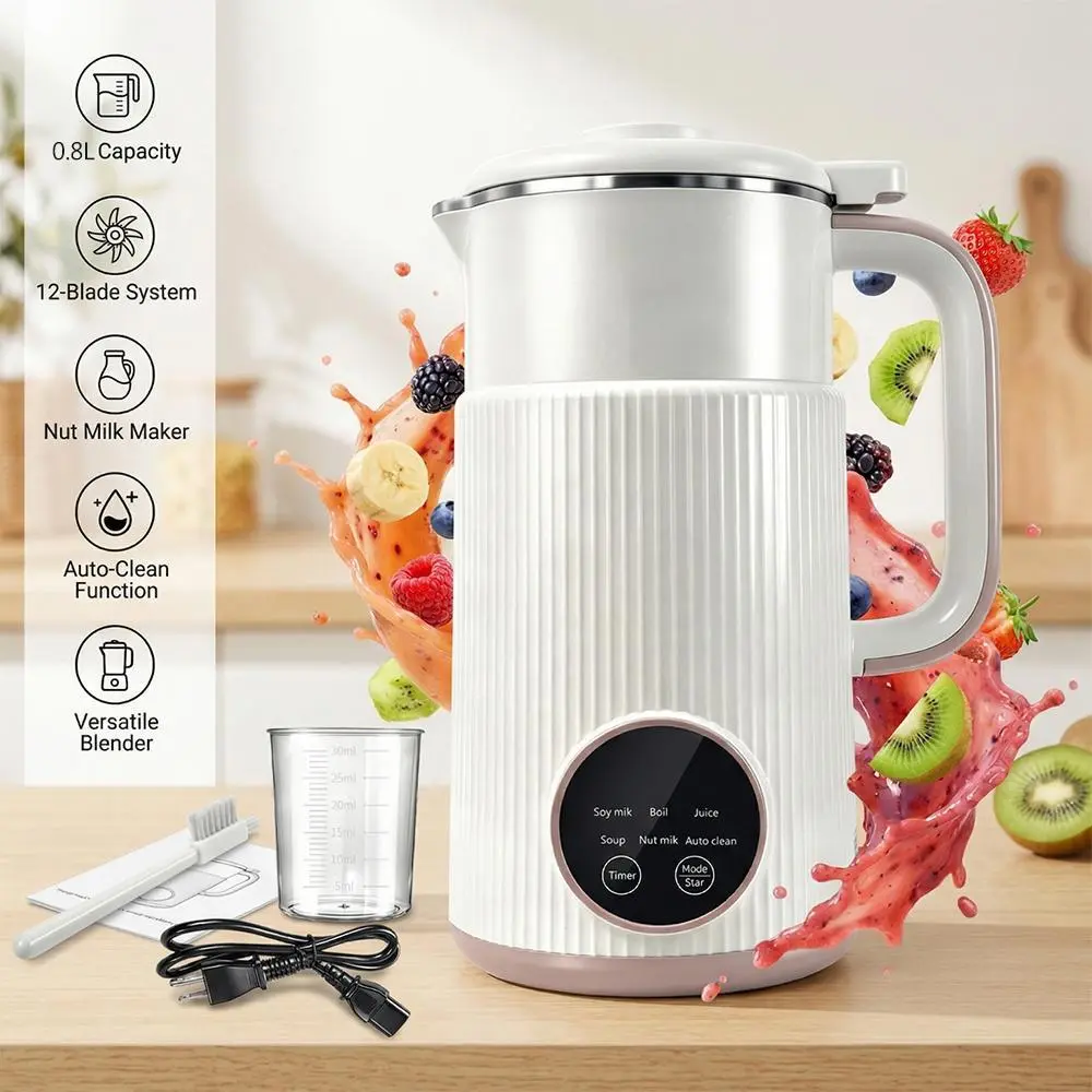 0.8L Nut Milk Maker & Soup Blender with 12-Blade System, One-Touch Auto-Clean Function, Versatile Soy Milk Maker for Smoothies, Juices & Hot Soups, Compact Kitchen Appliance with Boil Function for Family Use