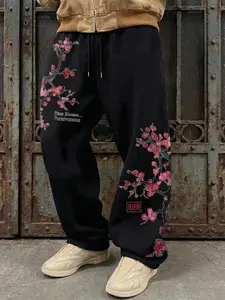 Men's Casual Fitted Pants, Plum Blossom Print Fake Drawstring, Comfortable Home Wear, All-Season Long Sleepwear, Fall & Winter