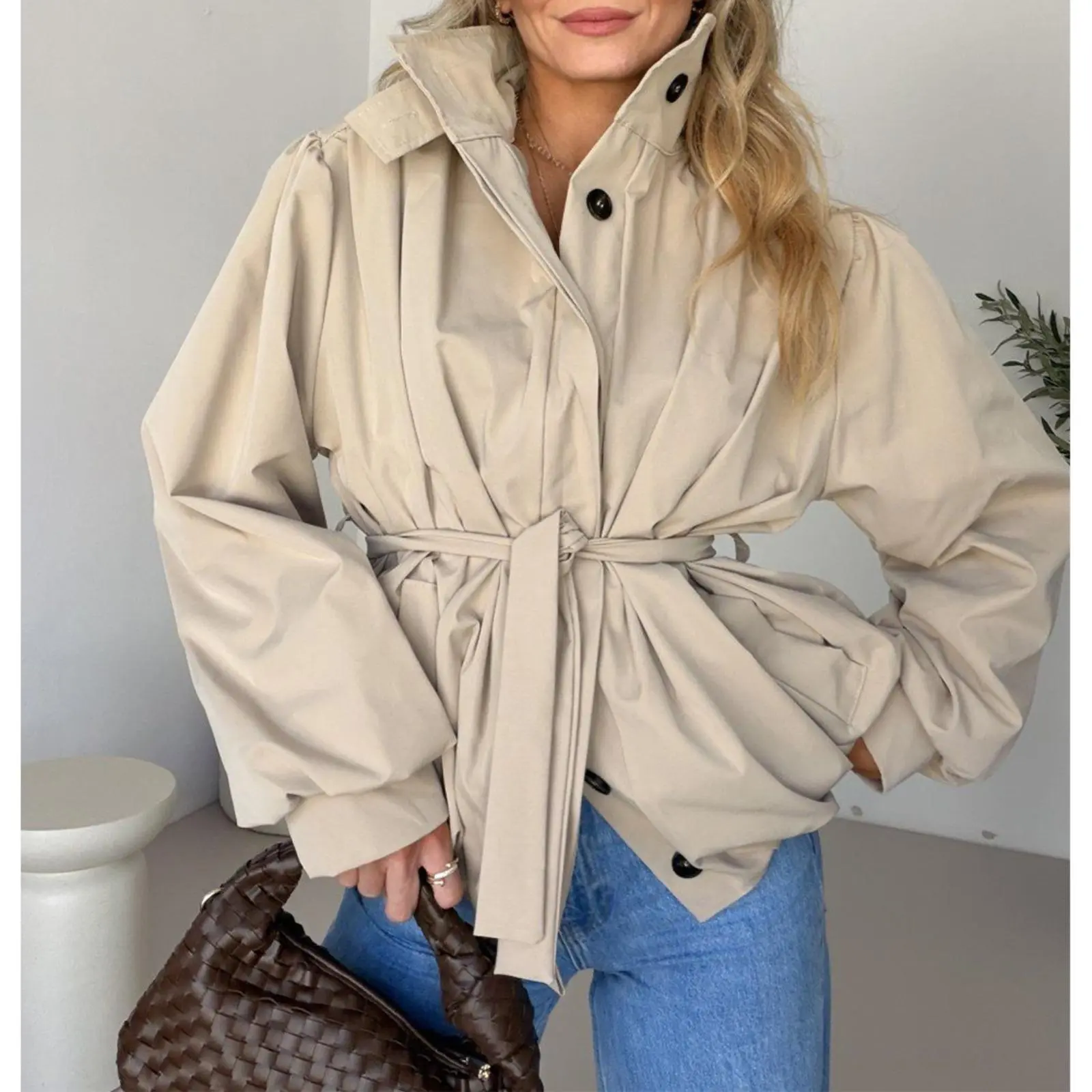 Cicy Bell Women's Puff Sleeve Jackets Belted Pleated Stand Collar Fall Coats