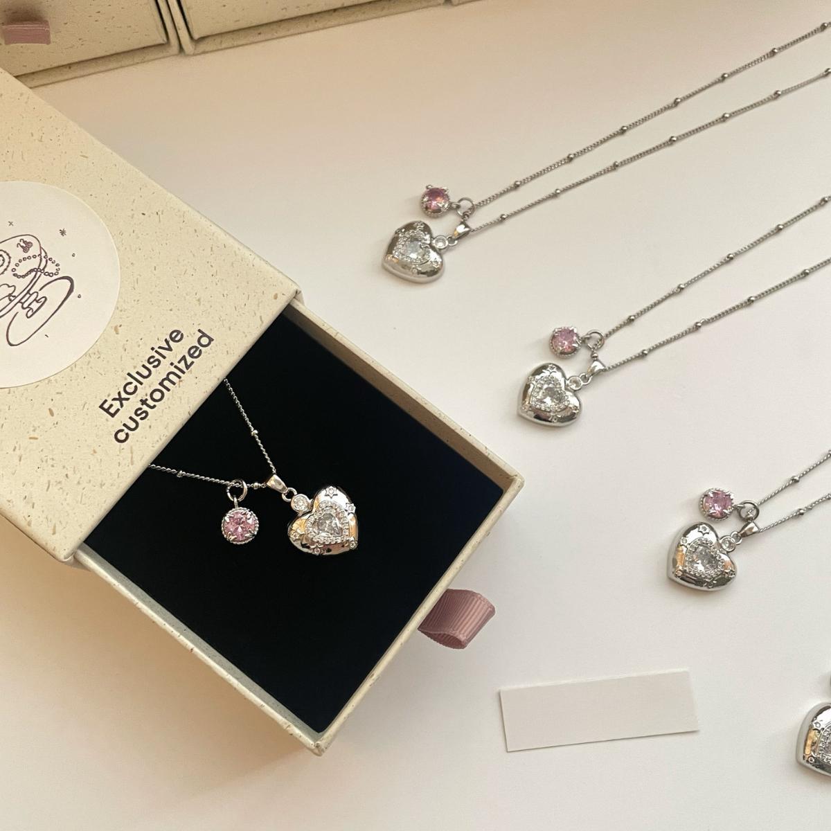 Cute Puffy Heart Sparkle Pendant Necklace, Dainty Pink Charm Detail, Elegant Feminine Statement Jewelry, Stackable Everyday Accessory, Perfect Gift for Fashion Lovers