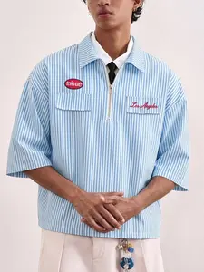 Men's Polo Shirt, Short Sleeve, Blue Stripes, Striped, Casual, Trendy, Street Style, Streetwear, Fresh, Minimalist, Outdoor Fashion