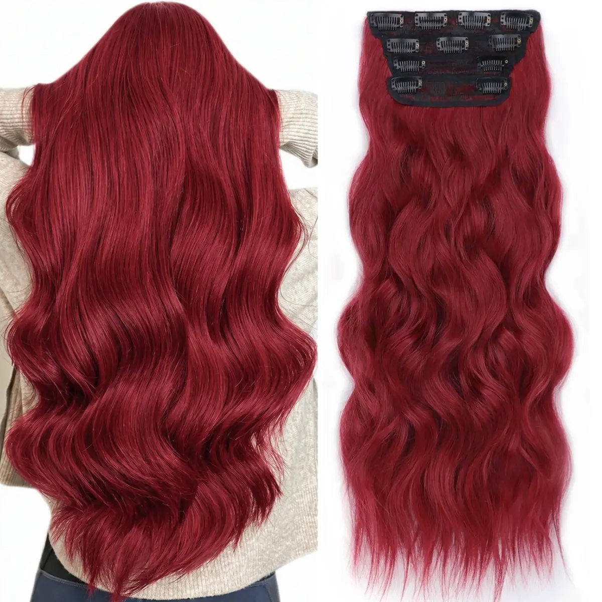 Synthetic Burgundy Clip-in Hair Extensions, 20-Inch Long Wavy Soft Hair, 4PCS Thick Hairpieces (6.7oz) for Women’s Party & Daily Use