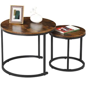 ZENY Set of 2 Industrial Round Nesting Coffee Table MDF Sofa Side Table Rustic Brown coffee table