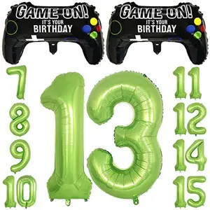 Video Game Party Balloons for Boys 13th Birthday Decorations- 2 Packs Game Controller Mylar Balloons with Green Number Balloons 13