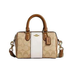 COACH Rowan 18 Signature Stripe Canvas and Leather Tote Shoulder Crossbody Bag for Women in Light Khaki and Pink White