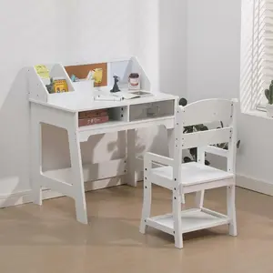 Garvee Kids Desk And Chair Set Wooden Study Table With Hutch Cork Board Drawers And Pen Holders Children Learning Writing Desk For Boys Girls White