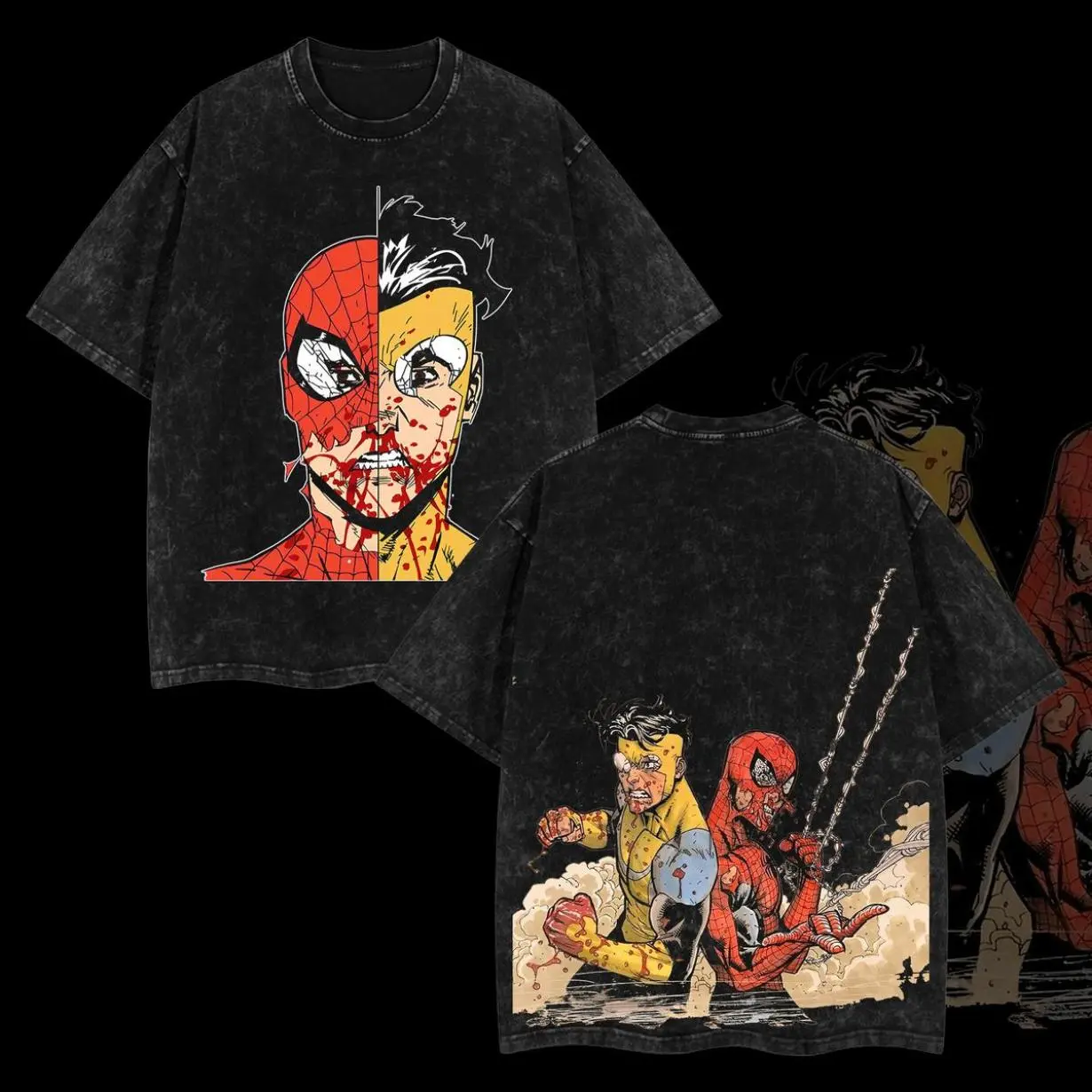 Superstyle Spidey vs Mark Grayson Invincible War Comic Double Printed Oversize Lightweight Acid Washed Tee TV Series Graphic Crewneck Cotton Retro