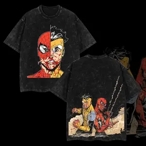 Superstyle Spidey vs Mark Grayson Invincible War Comic Double Printed Oversize Lightweight Acid Washed Tee TV Series Graphic Crewneck Cotton Retro