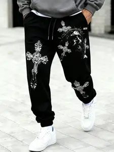 Men's Plus Size Loose Fit Sport Pants, Cross & Jesus Print, Casual Multifunctional Joggers, Fashion Trendy, Outdoor Streetwear, Casual Sports Trousers