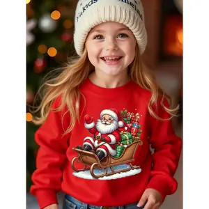 Girls' Christmas Fleece Sweatshirt, Stylish Round Neck Loose Casual Long Sleeve Hoodie, Cartoon Print of Santa Sitting in a Sleigh Full of Gifts, Perfect for Holiday Parties, Autumn And Winter