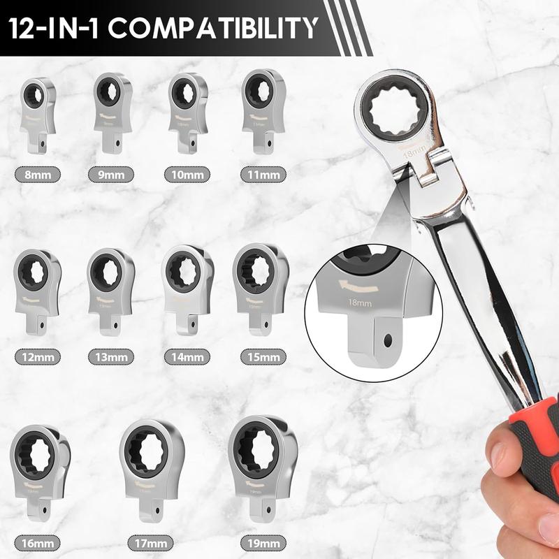 12 in 1 Interchangeable Heads Ratcheting Combination Wrench Set, 8-19mm Metric Flex Head Ratchet Wrench Tool for Mechanic Repair, Tools for Men Gift,Father's Day Gift