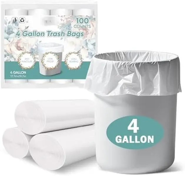 Small Trash Bags 4 Gallon - 100 Count Leakage-Proof 4 Gallon Trash Bag, Unscented Small Garbage Bags for Office Bedroom Bathroom Mini Trash Bags, White 4 Gal Trash Can Liners