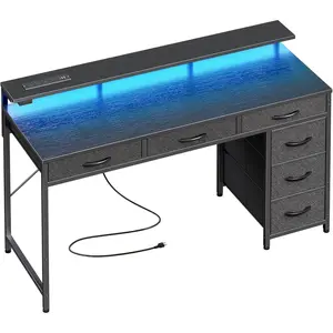 Huuger Gaming Desk with 6 Drawers, Computer Desk with LED Lights Power Outlets and Type-C, 47 Inch Office Desk with Storage, Monitor Stand, Writing Desk Work Desk Home Office, Bedroom, Study, Black