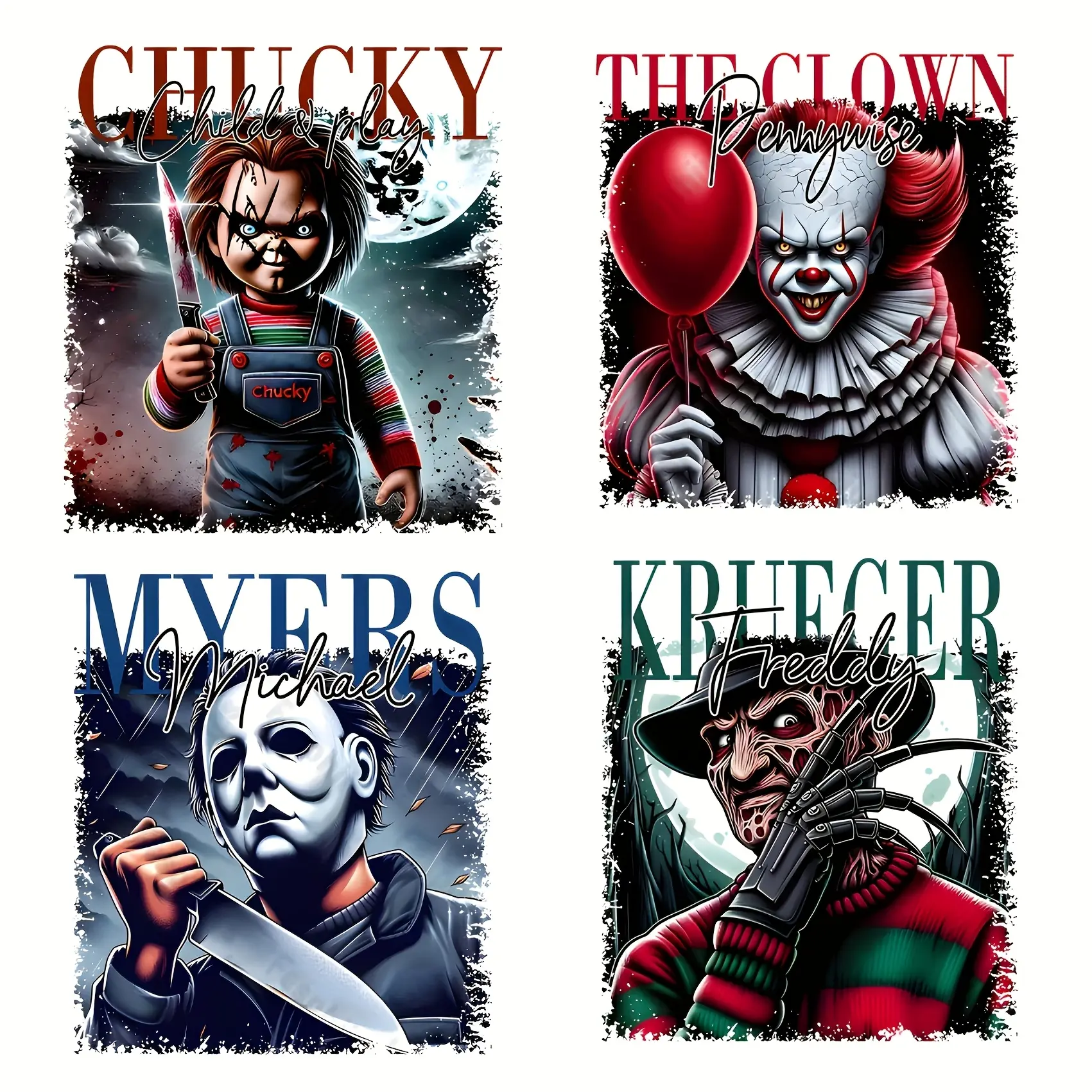 4-Pack Halloween Horror Movie Cartoon Iron-On Heat Transfer Patches, DIY Craft Supplies DIY Products Durable Polyurethane Fabric Decals for T-Shirts, Jeans, Backpacks - Red/Black Classic Horror Characters Vinyl Appliques