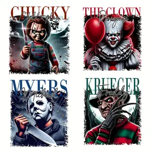 4-Pack Halloween Horror Movie Cartoon Iron-On Heat Transfer Patches, DIY Polyurethane Fabric Decals for T-Shirts, Jeans, Backpacks - Red/Black Classic Horror Characters Vinyl Appliques
