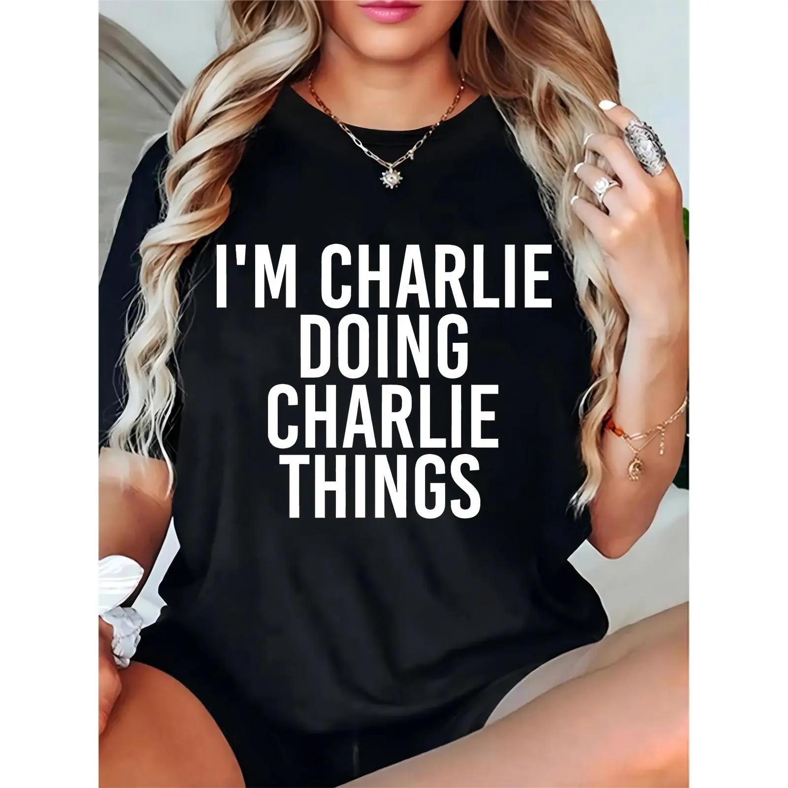 Women's "I'm Charlie Doing Charlie Things" Funny Graphic T-Shirt, Casual Daily Personalized Name Tee for Charlie Fans, Comfortable Cotton Top for Shopping, Hangouts, Gifting